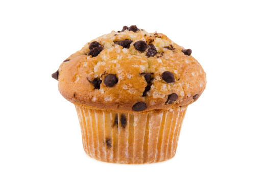 Chocolate chips muffin, isolated on white background.