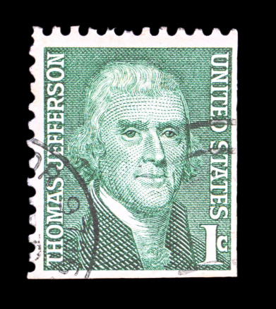 The image shows a scanned United States postage stamp with a portrait of Thomas Jefferson