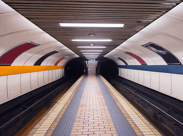 This is a horizontal, color photograph of an empty retro subway station in Glasgow, Scotland.
