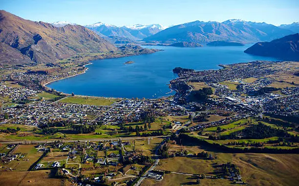 An aerial view of Wanaka, on New Zealand's South Island.