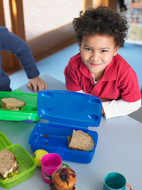 menino de escola com almoço - lunch box child school lunch - fotografias e filmes do acervo