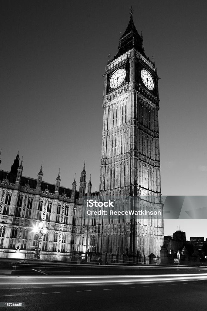 BW Big Ben Big Ben in Black and White, showing 6.15 with traffic light streams along the bottom of the image. Architecture Stock Photo