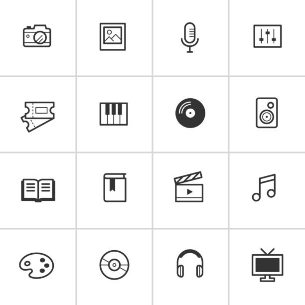 Everyday Media Icons — Inky Series Simple vector icon set representing common media devices and concepts including music, photos, books, and video. audio equipment photos stock illustrations