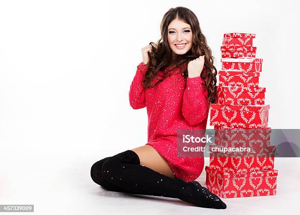 Woman With Many Red Gift Boxes Stock Photo - Download Image Now - Adult, Adults Only, Beautiful People