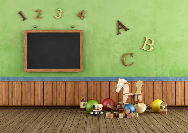 Vintage Play room with toys and blackboard on wall - rendering