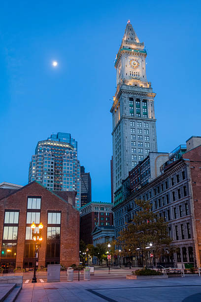 istock Boston's Historic Custom House Clock Tower With Full Moon 457347169