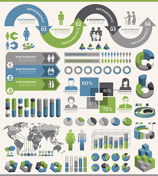 ilustrações, clipart, desenhos animados e ícones de tricolor elementos para infográficos no fundo branco - infográficos demográficos