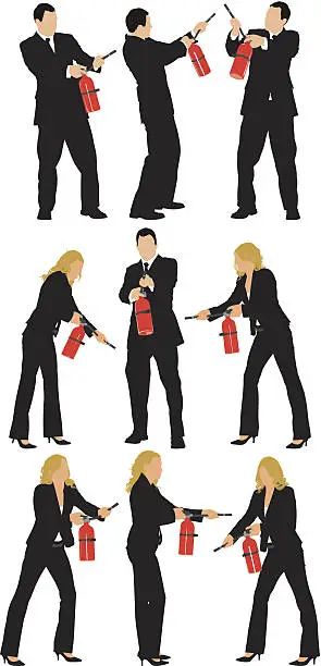 Vector illustration of Man and woman with fire extinguisher