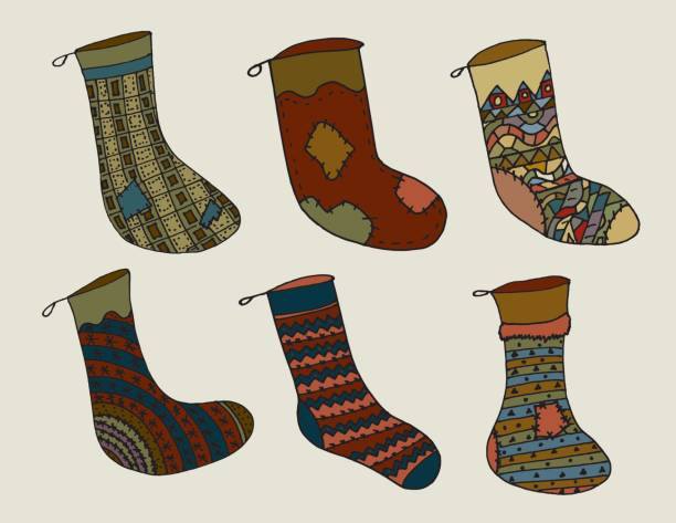 illustrations, cliparts, dessins animés et icônes de main d'autrefois de nombreux motifs en mosaïque chaussette de noël ensemble de six - dautrefois illustrations