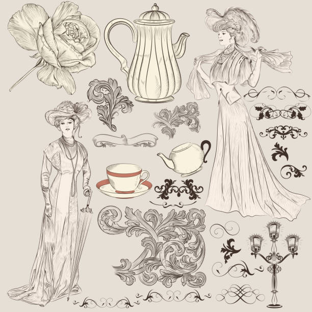 vector set of hand drawn elements в винтажном стиле от - illustration and painting old fashioned image created 19th century antique stock illustrations