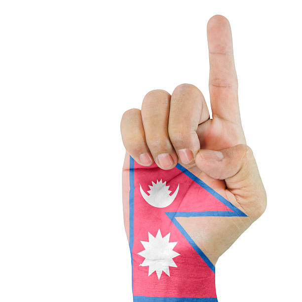 Flag Of Nepal drawn on hand pointing up  gesture with white background.