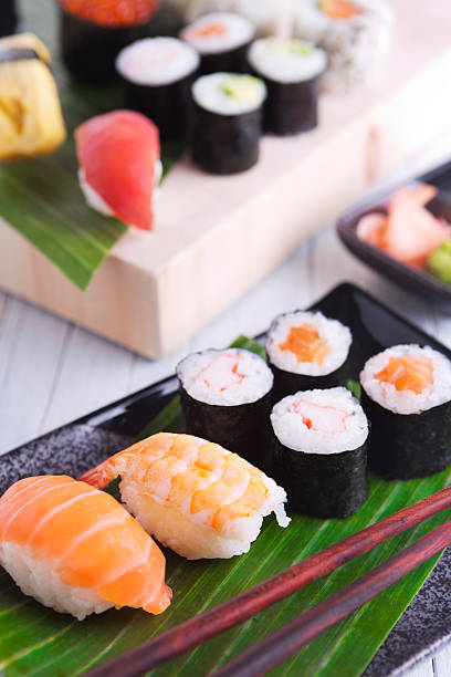 istock Various Japanese sushi on a plate, shallow depth of field 457393845