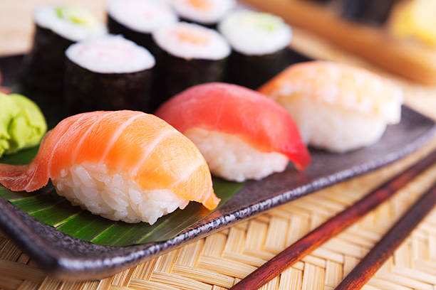 istock Various Japanese sushi on a plate, shallow depth of field 457393871
