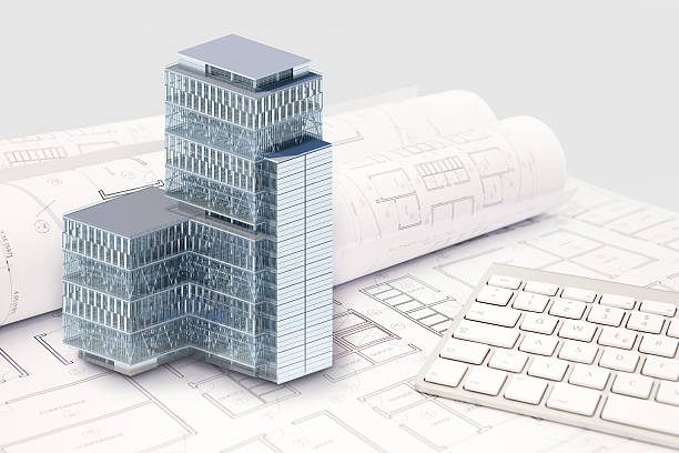istock Construction architecture blueprint with office building exterior and 3D model 457394533