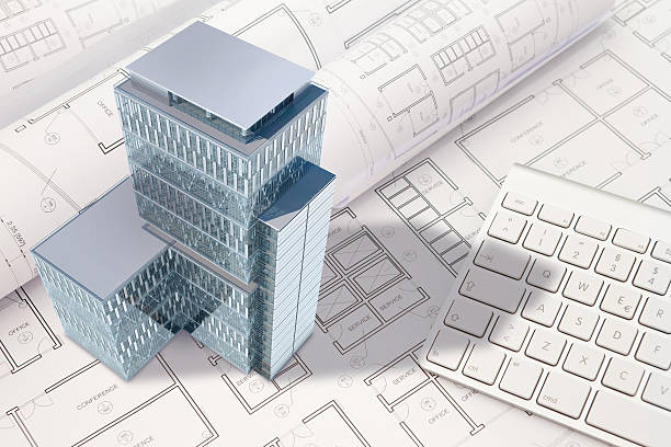konstrukcja architektury projekt z biuro budynek z zewnątrz i 3d model - architect three dimensional shape business skyscraper zdjęcia i obrazy z banku zdjęć