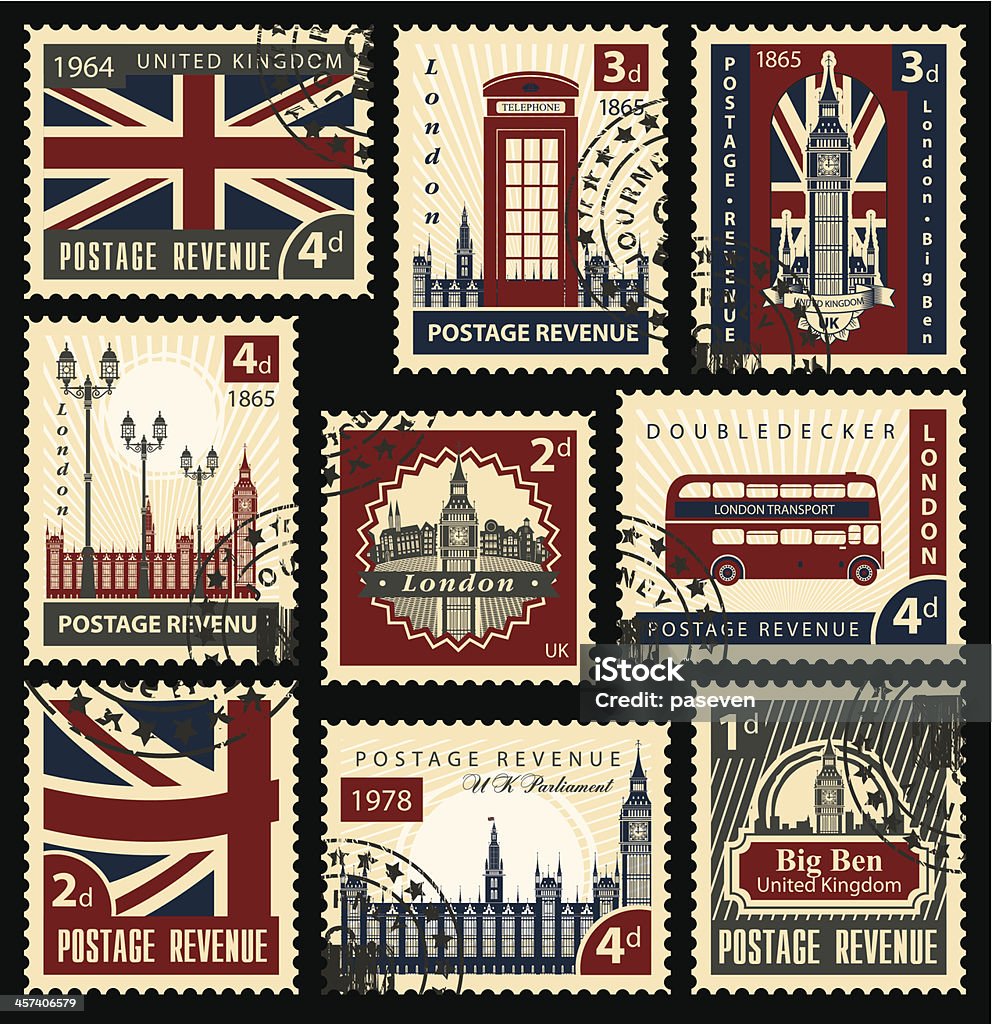 British postage stamps Set of stamps with the flag of the UK and London sights Postage Stamp stock vector