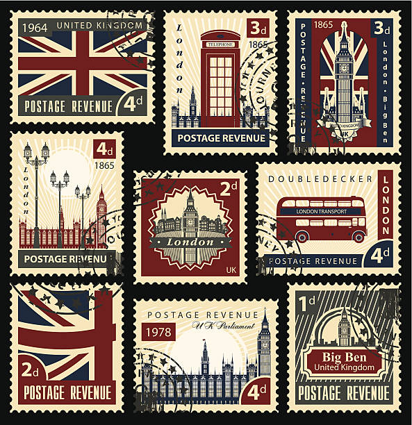 British postage stamps Set of stamps with the flag of the UK and London sights street post stock illustrations