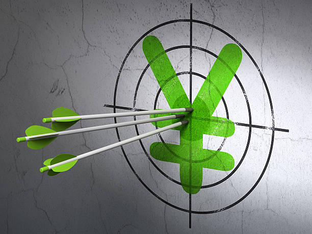 istock Currency concept: arrows in Yen target on wall background 457406991