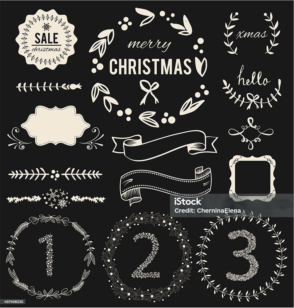 Christmas Hand Drawn Vector Set Christmas Hand Drawn Vector Set: Design Elements and Page Decoration, Vintage Ribbon, Laurel, Label Anniversary stock vector