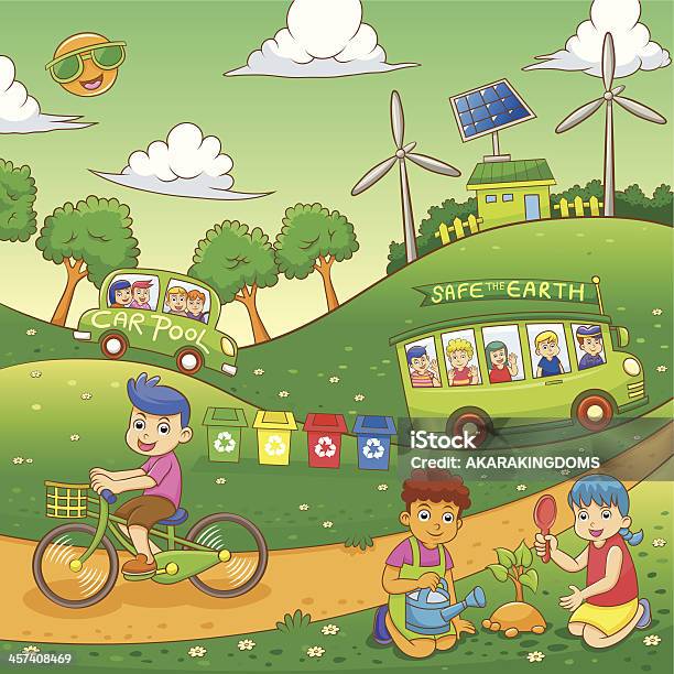 Children Save Our Green World Stock Illustration - Download Image Now - Car Pooling, Child, Illustration