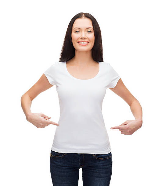 istock smiling woman in blank white t-shirt 457409579