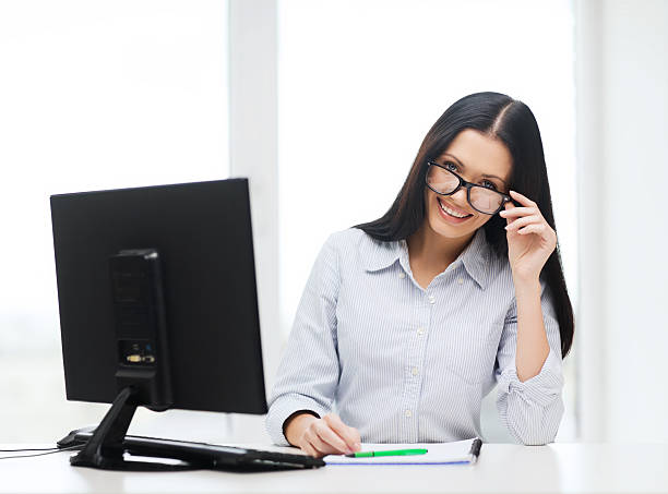 istock smiling businesswoman or student with eyeglasses 457409641