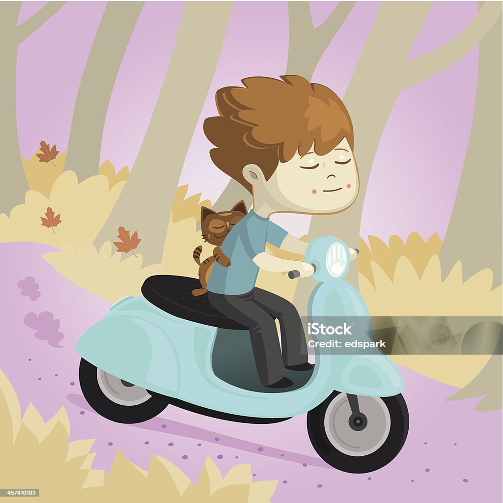 Scooter ride Young boy and pet on a scooter, in a wood in autumn. Affectionate stock vector