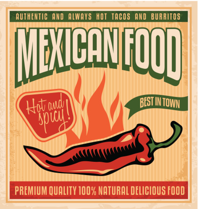 Graphic sign for Mexican food with a flaming pepper