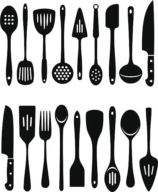 Vector illustration of Set of 18 black kitchen utensils on white background