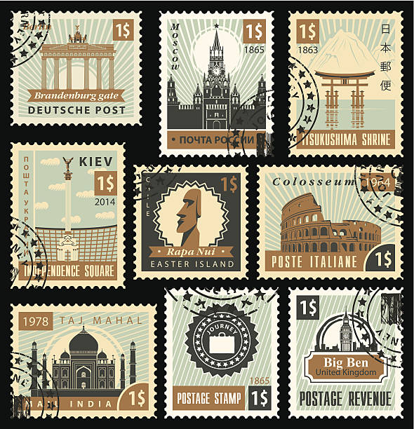 architectural landmarks set of stamps from different countries with architectural landmarks brandenburger tor stock illustrations