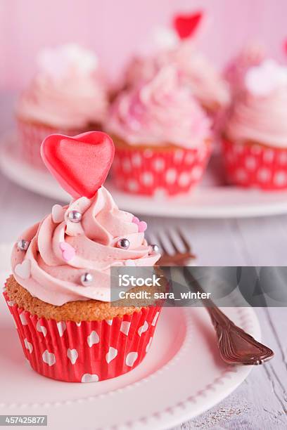 Pink Valentine Cupcakes On A Rustic Table Stock Photo - Download Image Now - Cupcake, Valentine Card, Valentine's Day - Holiday