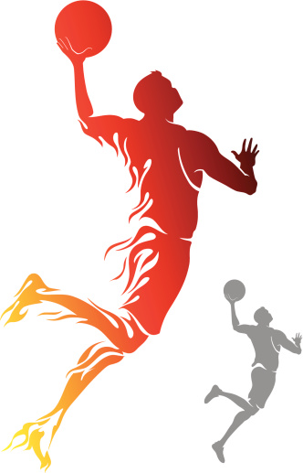 Flame trail basketball player silhouette leaping for points.
