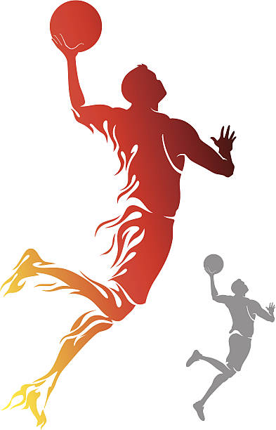 Basketball Flame Dunk Flame trail basketball player silhouette leaping for points. flame silhouettes stock illustrations