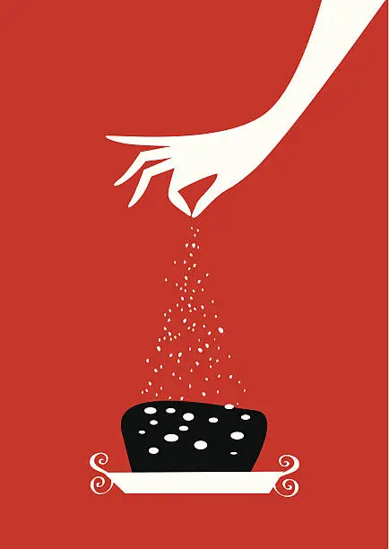 Vector illustration of Woman hand pouring sugar on a cake.