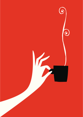 Silhouette woman hand with a cup of coffee, chocolate or tea. Steaming tea. Chamomile in a cup. Time you. Breakfast in cafeteria. Drink in a bar or restaurant. Hot. Smoke, odor and flavor of roasted coffee. Coffee bean.