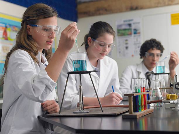 Students Caring Out Experiments In Laboratory stock photo