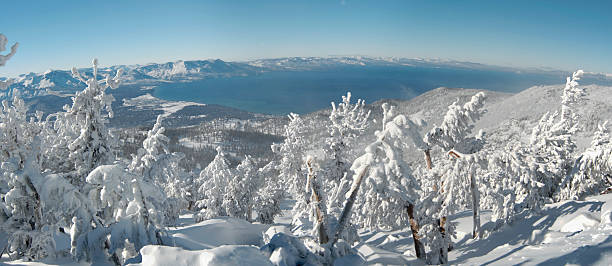 Panoramic view of Lake Tahoe from the mountain top stock photo
