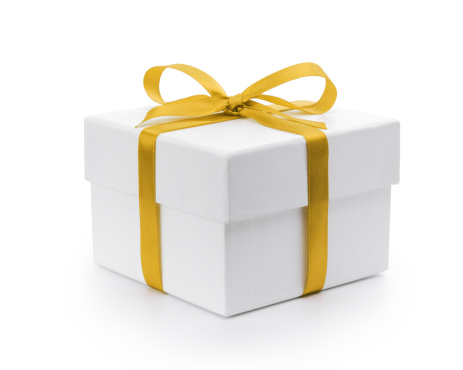 white textured gift box with yellow ribbon bow, isolated on white