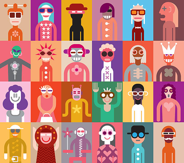 Cartoon images of people in a colorful vector set Large group of people. Art composition of abstract portraits - vector illustration. Can be used as seamless wallpaper. painted masquerade masks stock illustrations