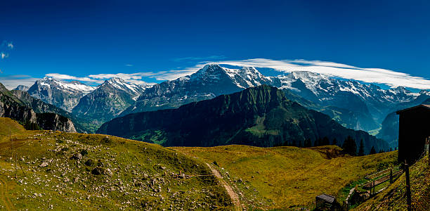 Bernese Alps panorama from Schynige Platte - VIII Mountains in Bernese Alps, Switzerland. From the left to the right side: Wetterhorn 3,692 m (12,113 ft), Schreckhorm 4,078 m (13,380 ft), The Eiger 3 ,970 m (13,020 ft), The Mönch (German: "monk") 4,107 m (13,474 ft), The Jungfrau (German: "maiden/virgin") 4,158 m (13,642 ft), Grosshorn 3,754 m (12,317 ft) and Breithorn 3,782 m (12,409 ft). eiger northface stock pictures, royalty-free photos & images