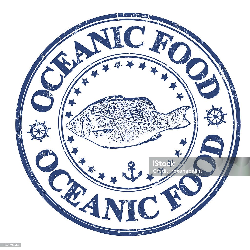 Oceanic food stamp Blue grunge rubber stamp with fish and the text oceanic food written inside Animal stock illustration