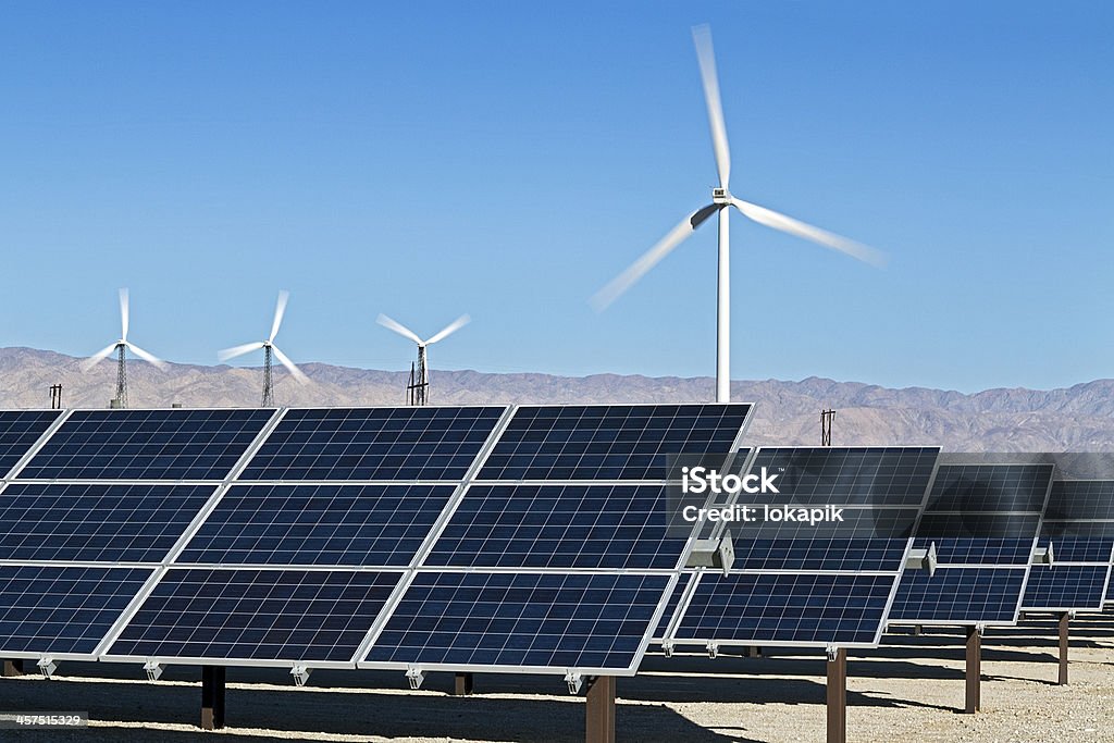Wind Turbines and Solar Panels A View of Wind Turbines and Solar Panels in the California Desert California Stock Photo