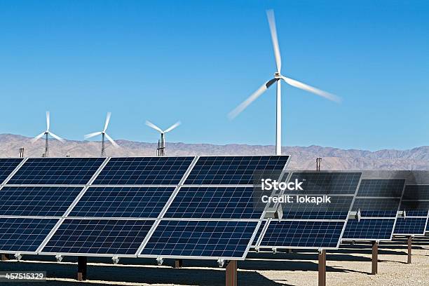 Wind Turbines And Solar Panels Stock Photo - Download Image Now - California, Solar Panel, Wind Turbine