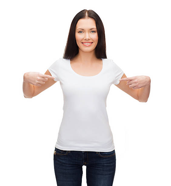 istock smiling woman in blank white t-shirt 457515973