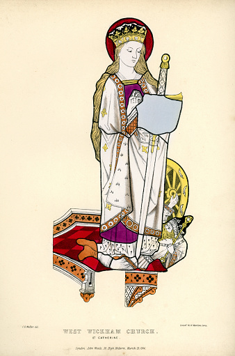 Vintage colour lithograph showing Saint Catherine, from the stained glass window in West Wickham Church, London, 1844