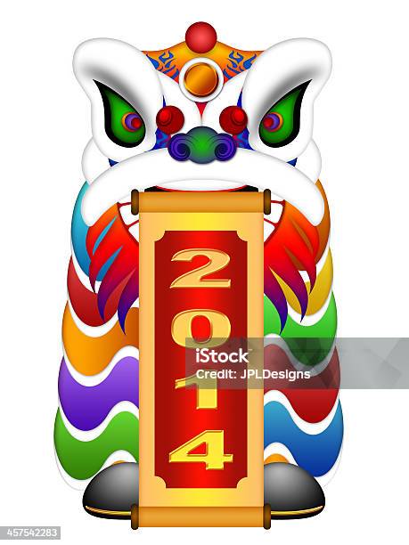 Chinese Lion Dance Head With New Year 2014 Scroll Stock Photo - Download Image Now - 2014, Animal Body Part, Animal Head