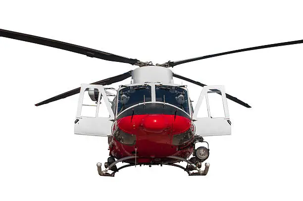 Coast guard helicopter isolated on white background. Low front shot.
