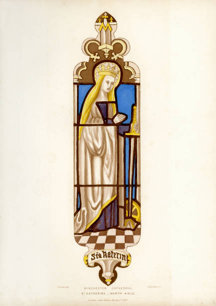 Saint Catherine Vintage colour lithograph showing Saint Catherine, from the stained glass window in Winchester Cathedral in the North aisle, 1844 pushkin st petersburg stock illustrations