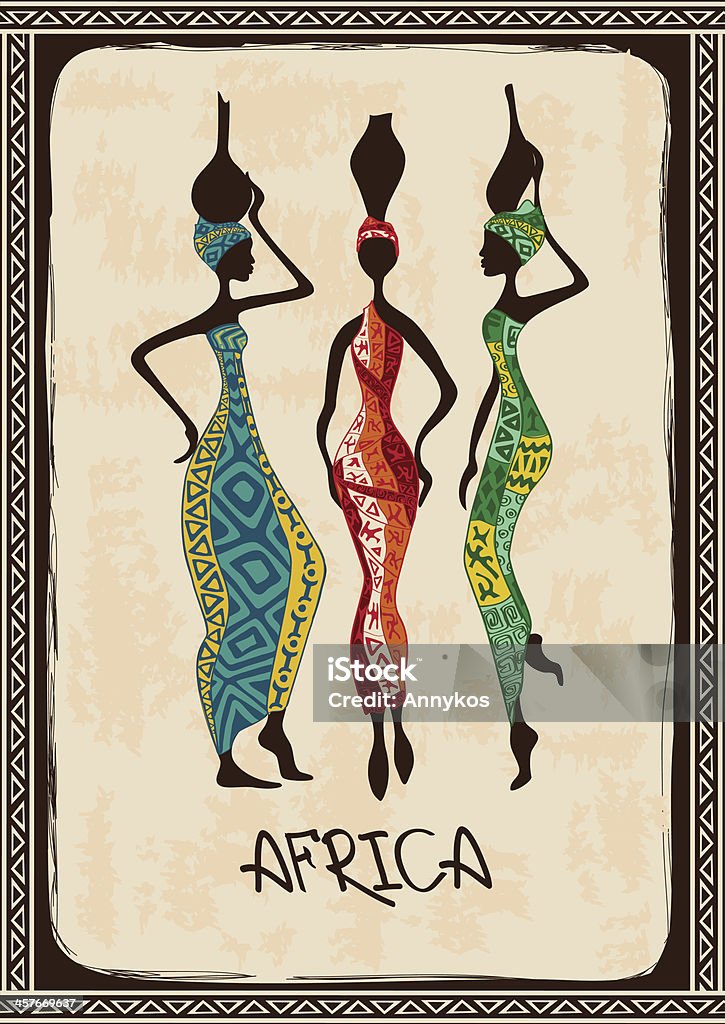 Illustration with three beautiful African women Vintage illustration with three beautiful slim African women in colorful ethnic patterned dresses. Included Ai African Culture stock vector