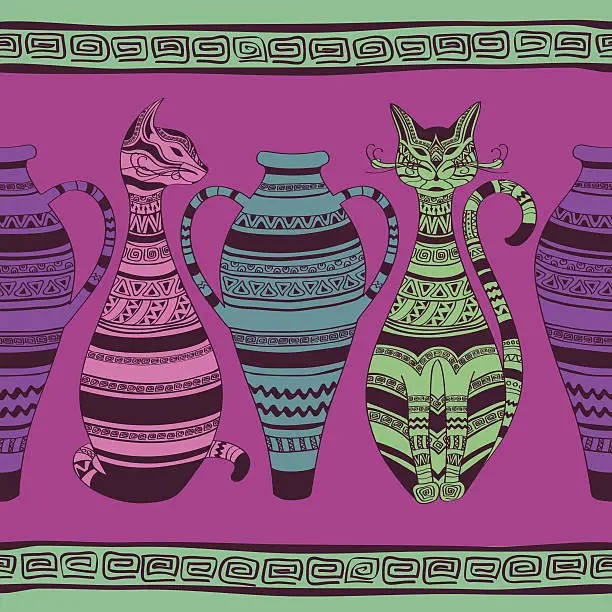 Vector illustration of Ethnic seamless pattern with ornated cats and vases
